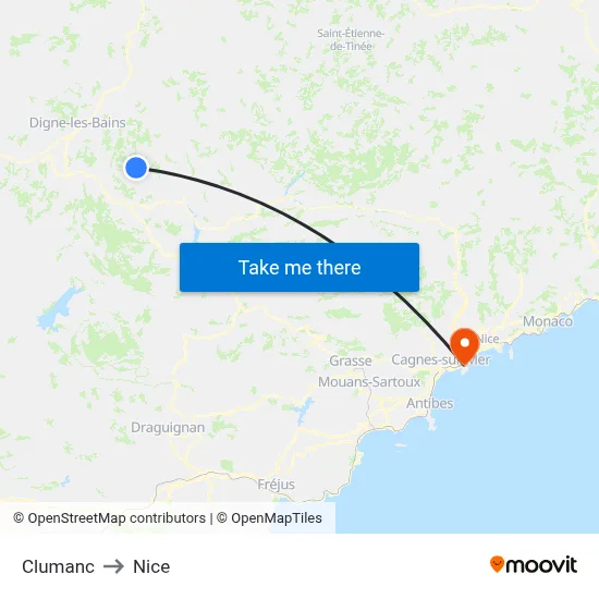 Clumanc to Nice map