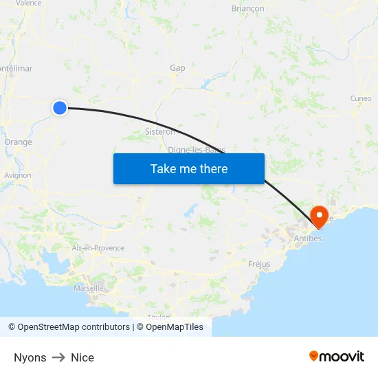 Nyons to Nice map