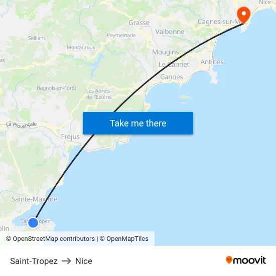 Saint-Tropez to Nice map