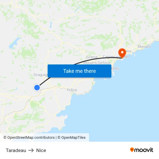 Taradeau to Nice map
