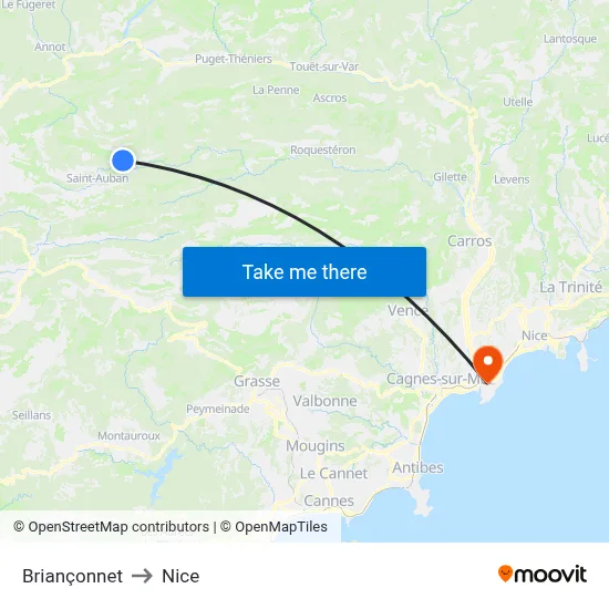 Briançonnet to Nice map