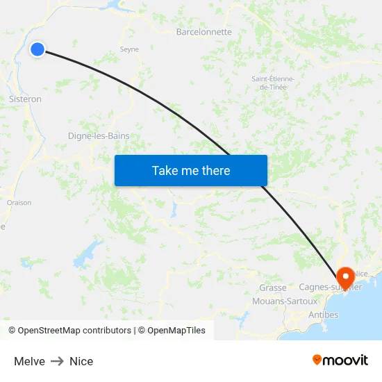 Melve to Nice map