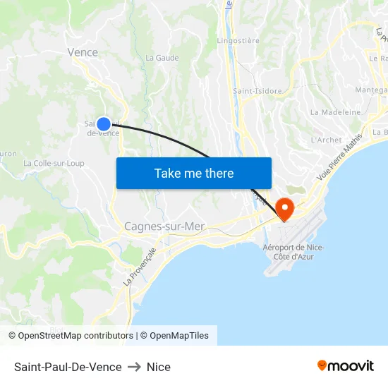 Saint-Paul-De-Vence to Nice map
