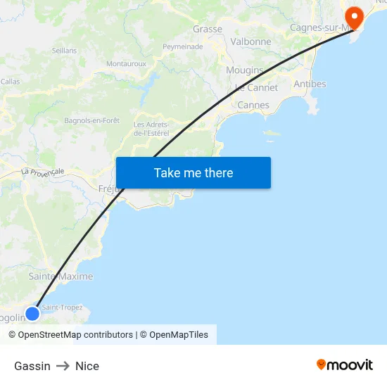 Gassin to Nice map