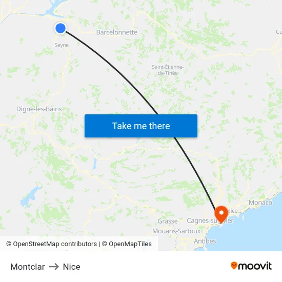 Montclar to Nice map