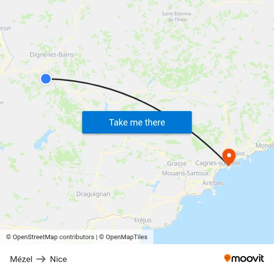 Mézel to Nice map