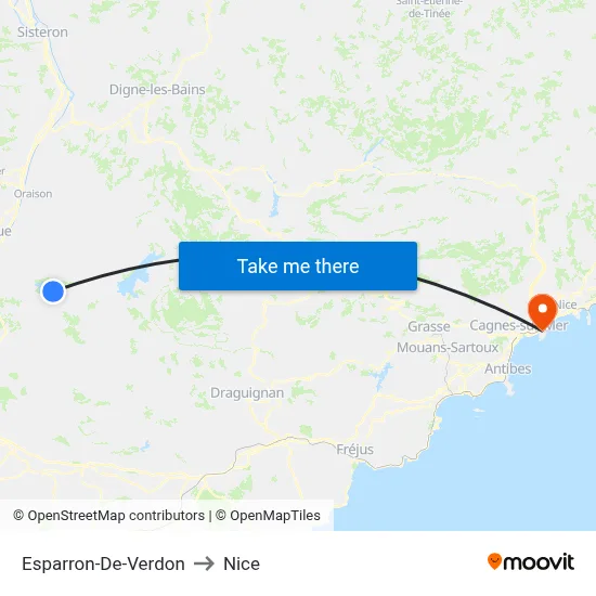 Esparron-De-Verdon to Nice map