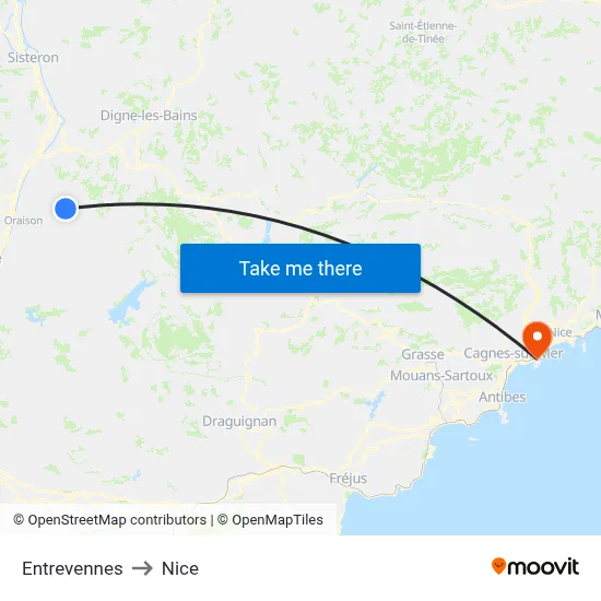 Entrevennes to Nice map