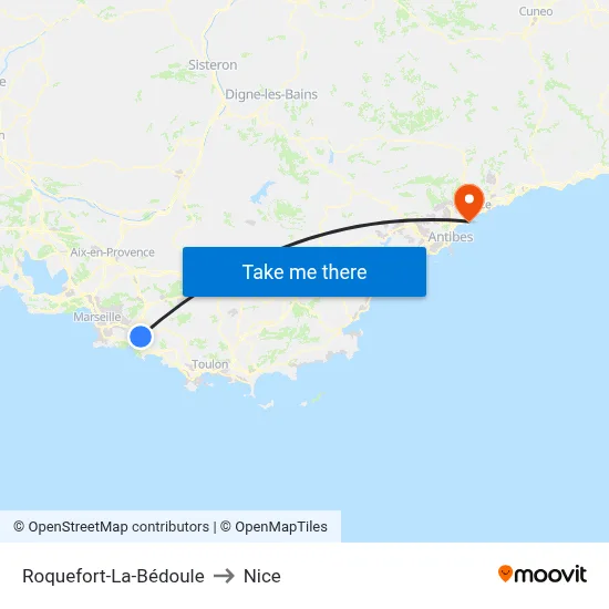 Roquefort-La-Bédoule to Nice map