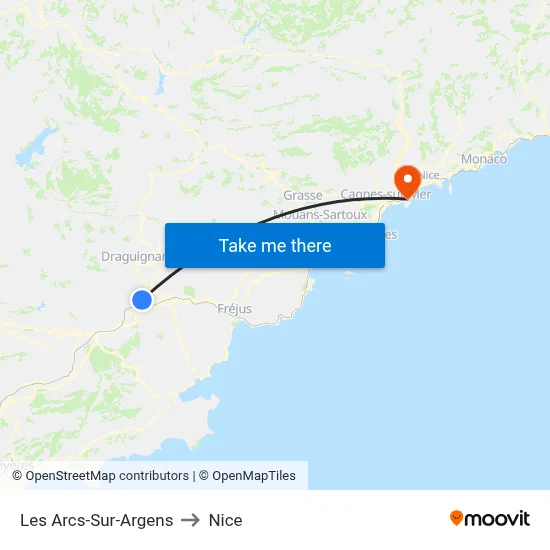 Les Arcs-Sur-Argens to Nice map