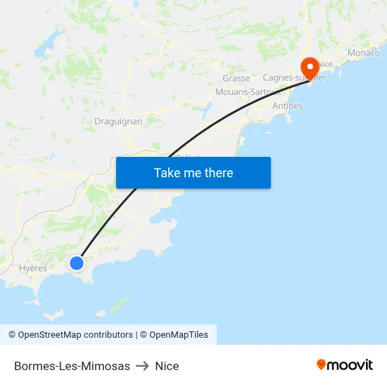 Bormes-Les-Mimosas to Nice map