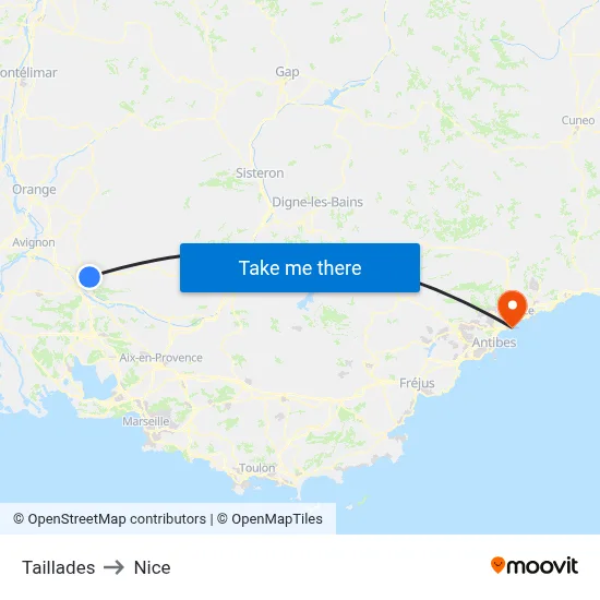 Taillades to Nice map