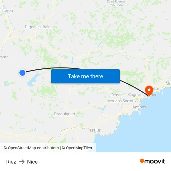 Riez to Nice map