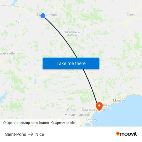 Saint-Pons to Nice map