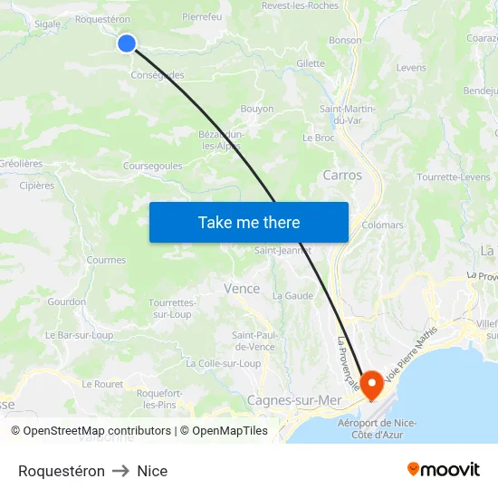 Roquestéron to Nice map