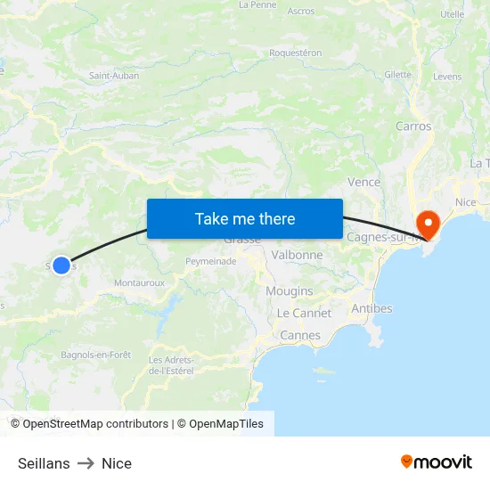 Seillans to Nice map