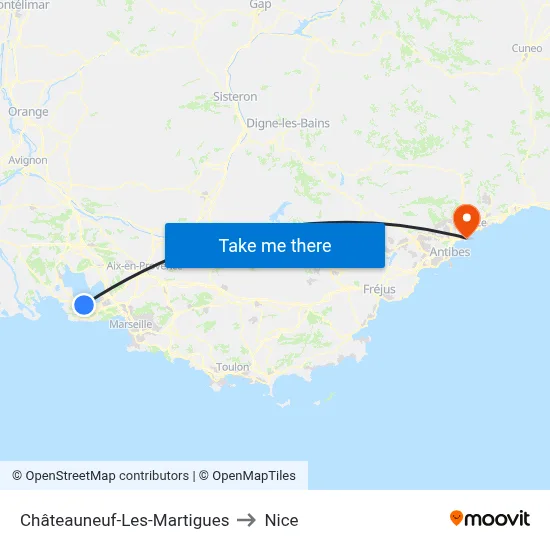 Châteauneuf-Les-Martigues to Nice map