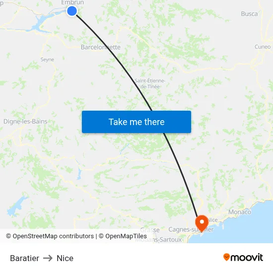 Baratier to Nice map