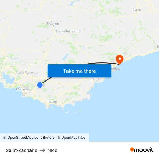 Saint-Zacharie to Nice map