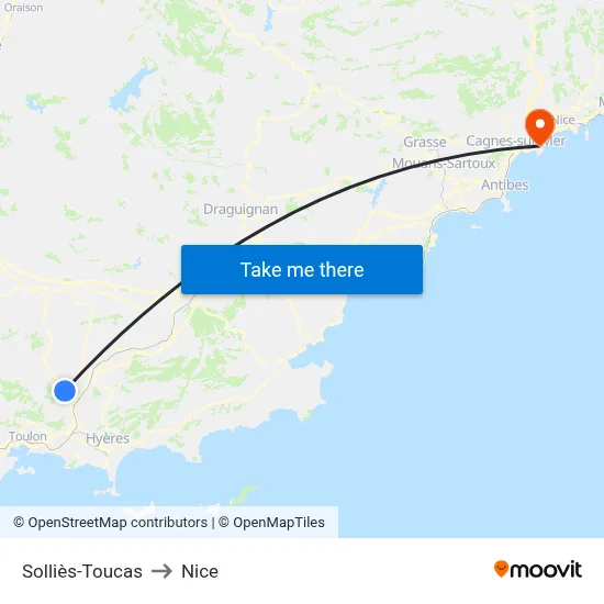 Solliès-Toucas to Nice map