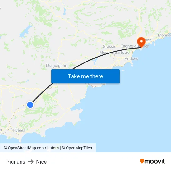 Pignans to Nice map
