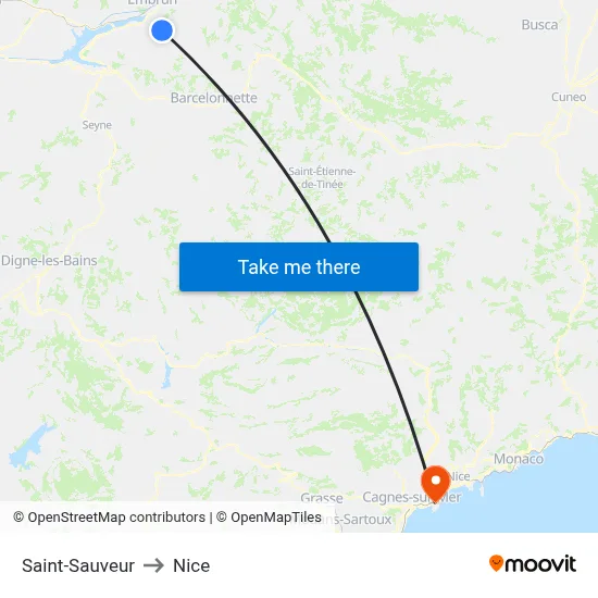 Saint-Sauveur to Nice map