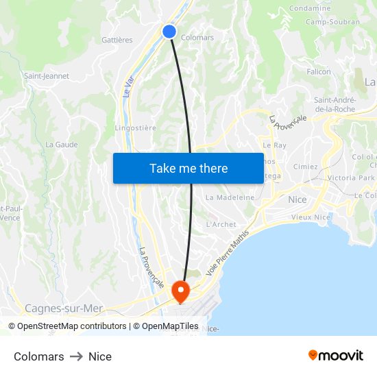 Colomars to Nice map