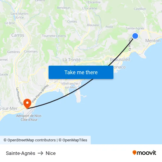 Sainte-Agnès to Nice map