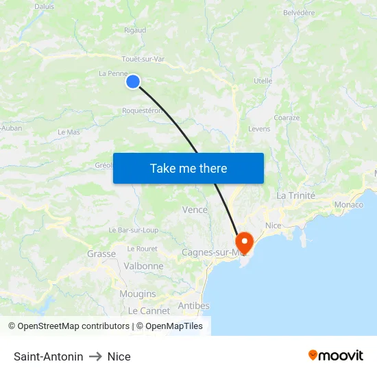 Saint-Antonin to Nice map