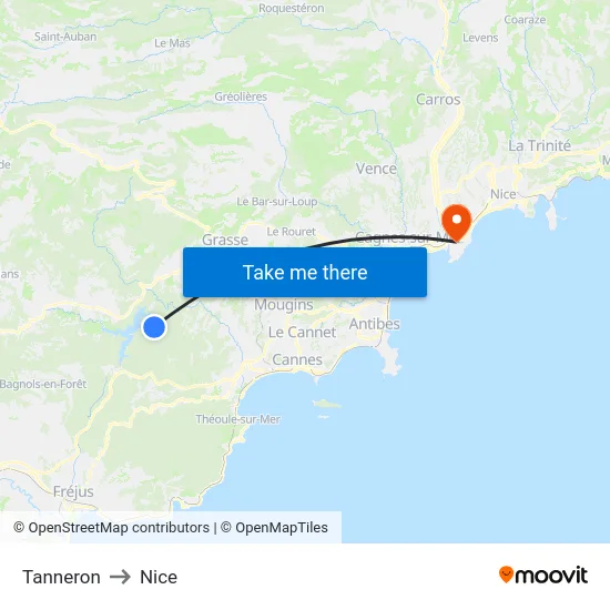Tanneron to Nice map