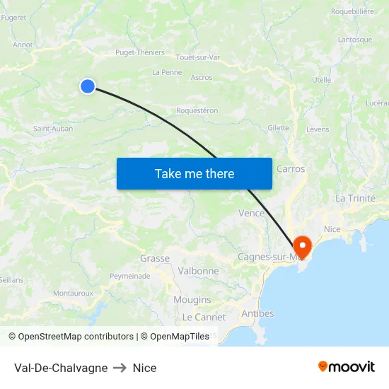 Val-De-Chalvagne to Nice map