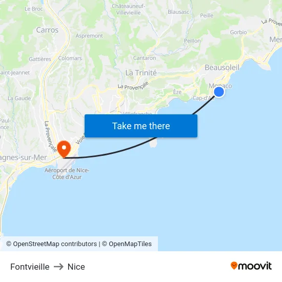 Fontvieille to Nice map