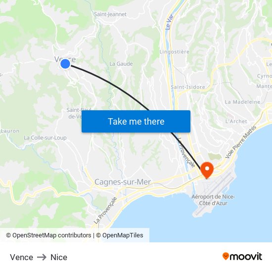 Vence to Nice map