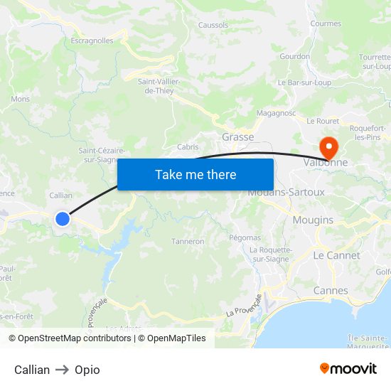 Callian to Opio map