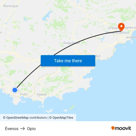 Évenos to Opio map