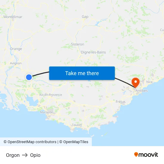 Orgon to Opio map