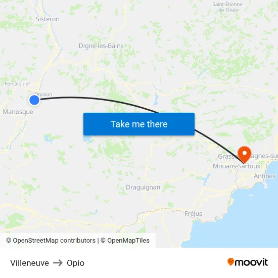 Villeneuve to Opio map