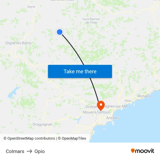 Colmars to Opio map