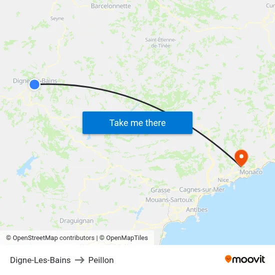 Digne-Les-Bains to Peillon map