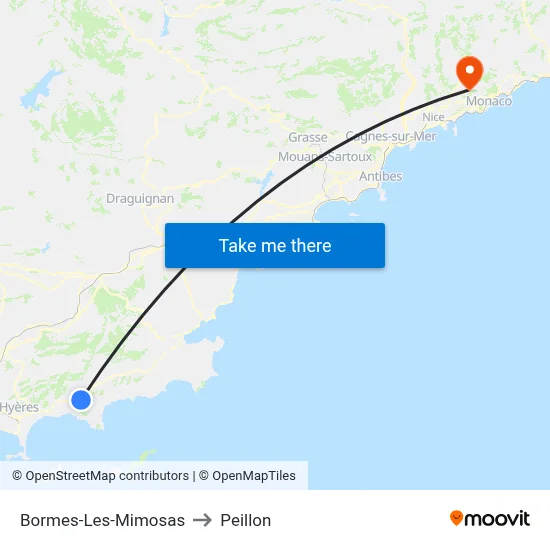Bormes-Les-Mimosas to Peillon map