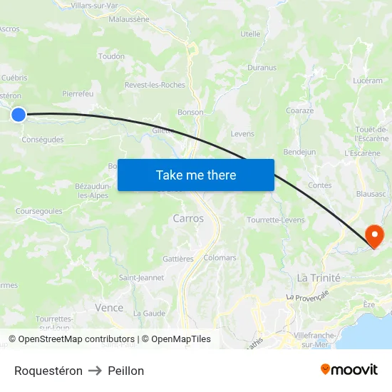 Roquestéron to Peillon map