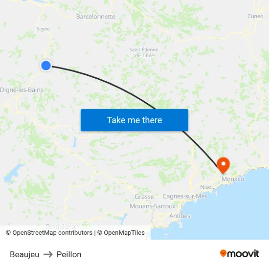 Beaujeu to Peillon map
