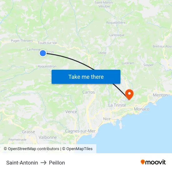 Saint-Antonin to Peillon map