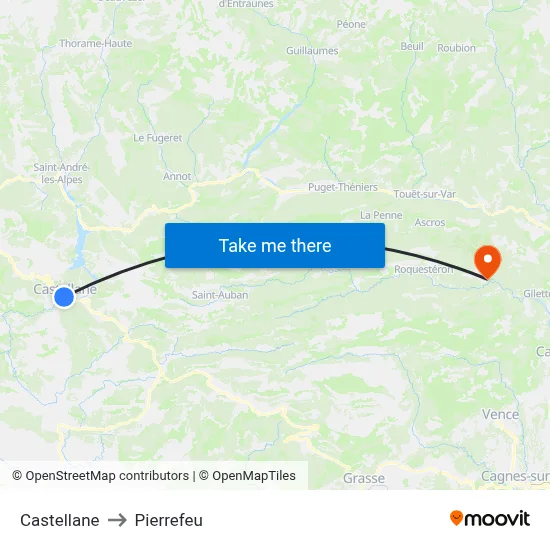 Castellane to Pierrefeu map