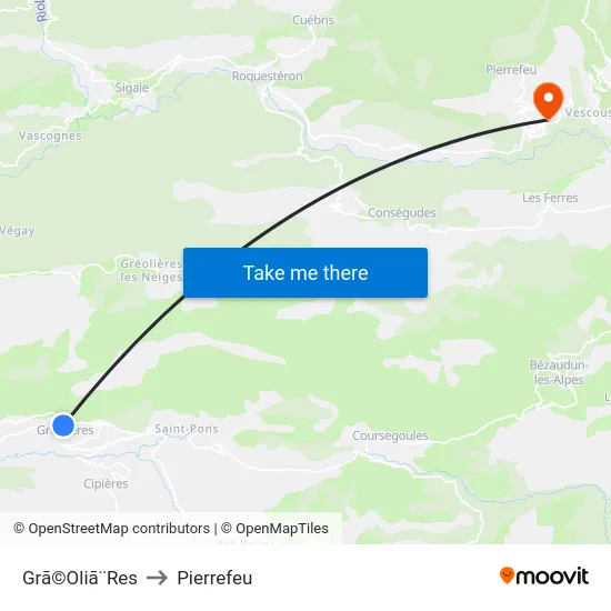 Grã©Oliã¨Res to Pierrefeu map