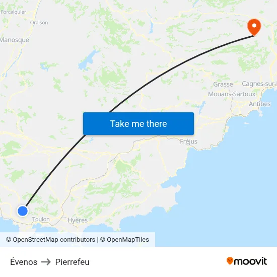 Évenos to Pierrefeu map
