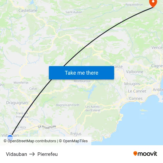 Vidauban to Pierrefeu map