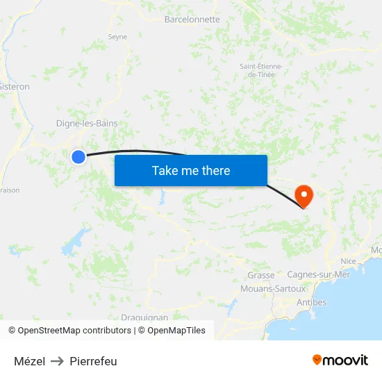 Mézel to Pierrefeu map
