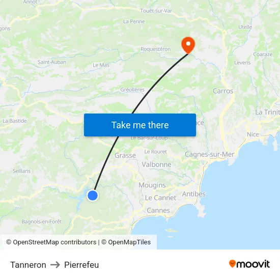 Tanneron to Pierrefeu map