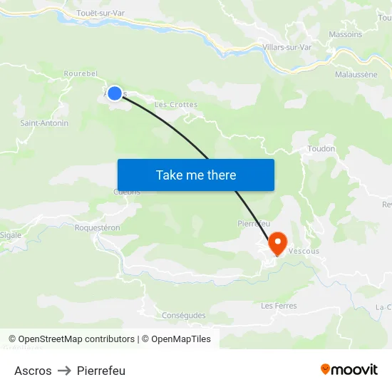 Ascros to Pierrefeu map